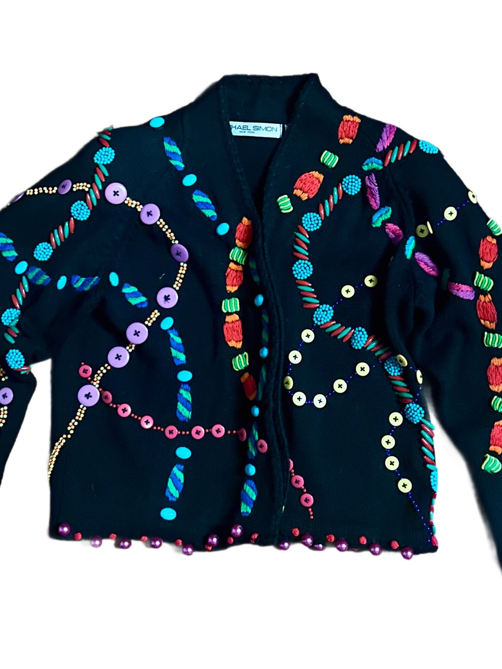 Michael Simon ~ Small ~ Black W/Multi-Colors Embroidery/ Beaded Cardigan Sweater